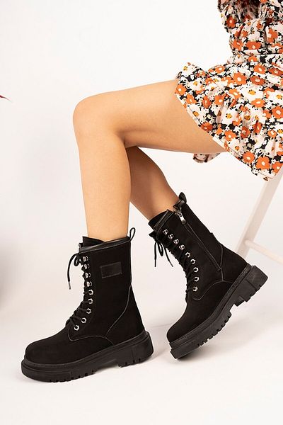 Anıl Ayakkabı Kç Women's Black Suede Thick Sole Detailed Lace Up Long Suede Boots