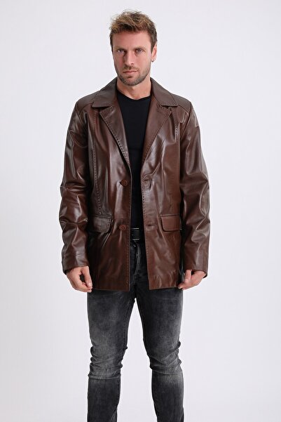 Leather Club Kahve Çift Düğmeli Deri Kaban