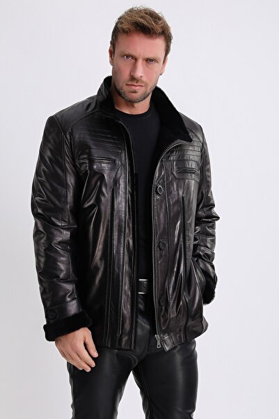 Leather Club Siyah Kuzu Kürk Içlikli Deri Kaban