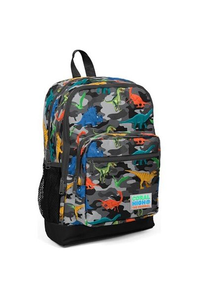 Coral High Rucsac de școală cu patru compartimente cu model de dinozaur de camuflaj gri pentru copii 23474