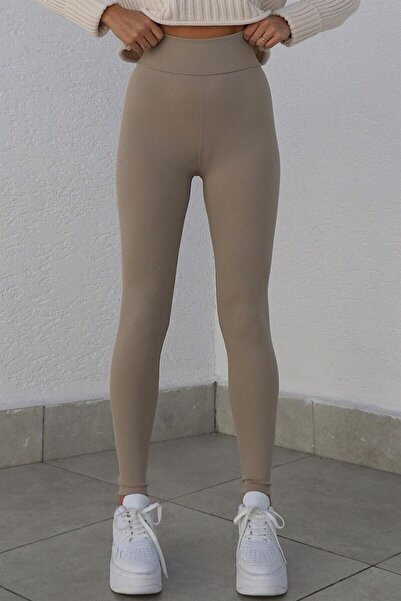 Genel Markalar Kadın Ten Rengi Fitilli Yüksek Bel Tayt kadın Bej Fitilli Ekstra Yüksek Bel Toparayıcı Tayt