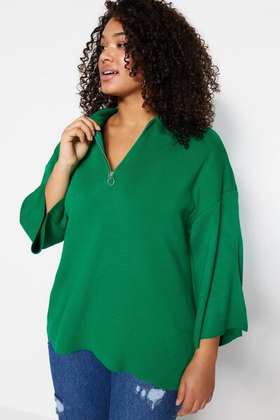 Trendyol Curve Зелен трикотажен пуловер с поло яка - с цип TBBAW23AN00056