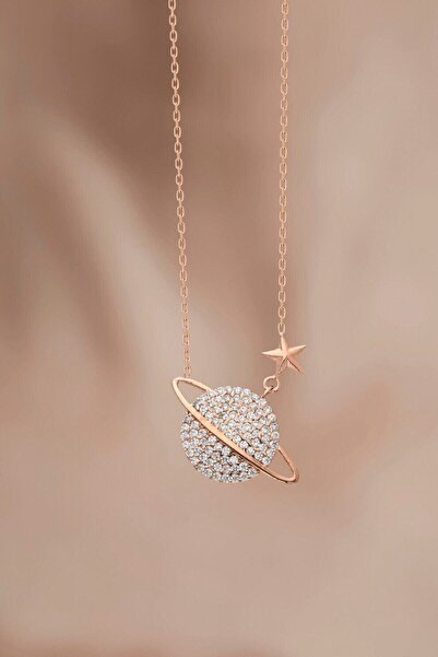 KAR DİAMOND Kadın 925 Ayar Gümüş Rose Kaplama Zirkon Taşlı Gezegen Modeli Kolye