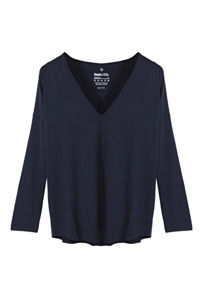 BASIC&CO Vogue-ls Navy Blue V-Neck Viscose Blouse
