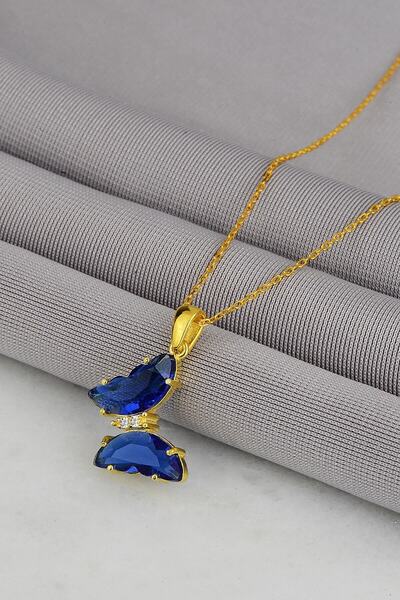 KAR DİAMOND 925 Ayar Gümüş Zincirli Altın Kaplama Lacivert Mavi Taşlı Kelebek...