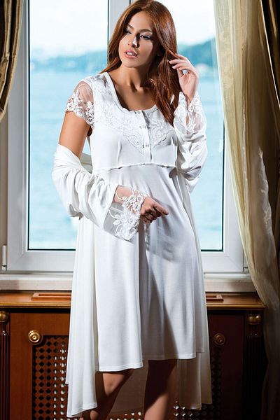 AYYILDIZ 3927 Ecru Maternity Nightgown Dressing Gown Set