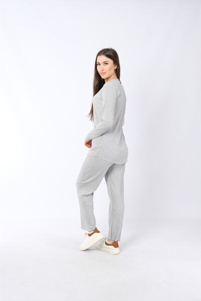 Textile Slot Women's Camisole Knitted Light Gray Color Melange Knitwear Top and Bottom Set