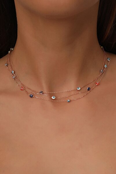 KAR DİAMOND 925 Ayar Gümüş Rose Kaplama 3 Zincirli Nazarlı Kolye