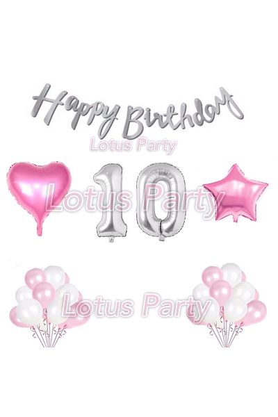 LOTUS PARTY 10 Year Old Birthday Set - Foil Number - Pink Heart and Star - Happy Text - 20 Balloons