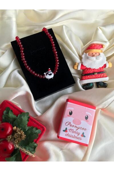 New Year Lamb Glass Murano with Christmas Hat Red Crystal Detailed Necklace Non-darkening Gold Plated