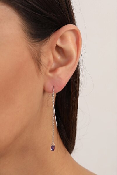 KAR DİAMOND 925 Ayar Gümüş Rodium Kaplama Yuvarlak Ametist Taşlı Sallanan Küpe