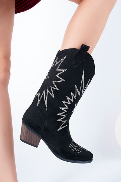 PASSAGE SHOES 7020 Γυναικείες καστόρινες κεντημένες μπότες Western Cowboy
