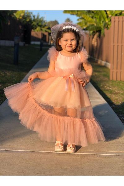Mashotrend Powder Skirt Tulle Detailed Ruffle Dress - Children's Evening Dress - Children's Dress - Girls' Evening Dress