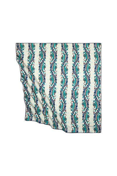 Bursa İpek Navy Blue Khaki Turkish Motif Ivy Pattern Silky Scarf