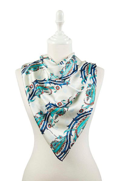 Bursa İpek Navy Blue Khaki Turkish Motif Ivy Pattern Silky Scarf
