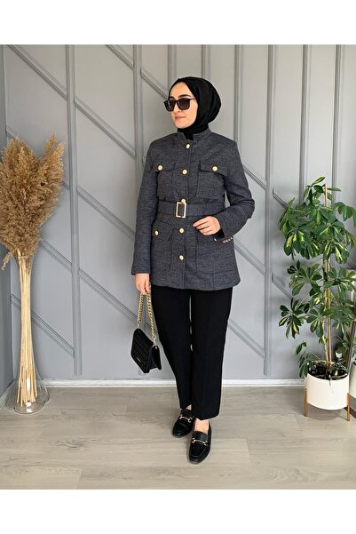 Tuhara Butik Gold Düğme Hakim Yaka Kemerli Ceket