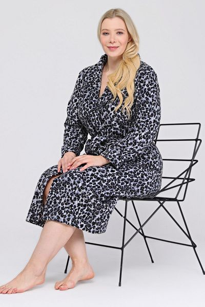 Kardelen Butik Ümraniye Gray Leopard Winter Fleece Dressing Gown