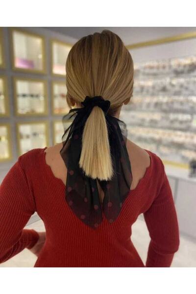 Elvinege Aksesuar Siyah Renk Bordo Puantiyeli Şifon Fularlı Simit Toka - Fula...