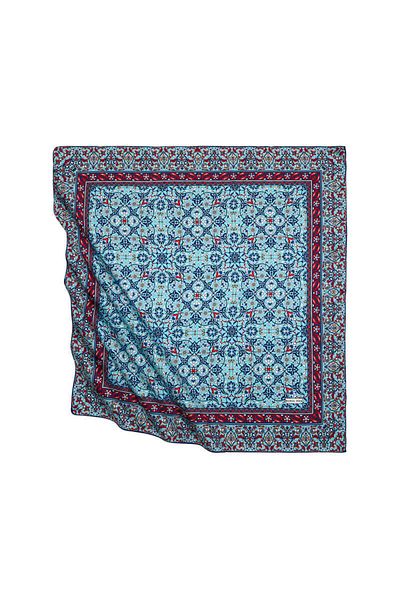 Bursa İpek Navy Blue Turquoise Turkish Motif Tile Pattern Silky Scarf
