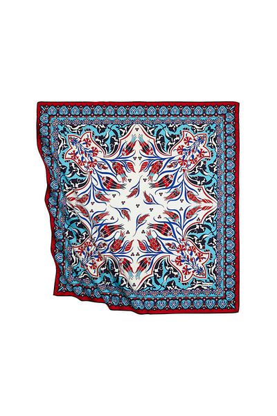 Bursa İpek Turquoise Red Turkish Motif Çintemani Carnation Pattern Silky Scarf
