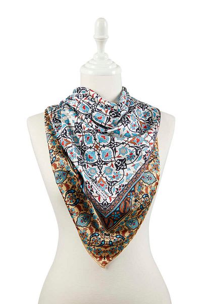 Bursa İpek Black Brown Turkish Motif Tile Pattern Silky Scarf