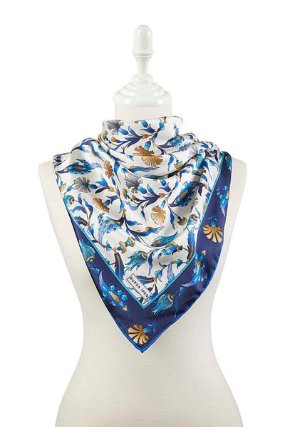 Bursa İpek Navy Blue Saks Turkish Motif Carnation Tulip Pattern Silky Scarf