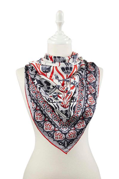 Bursa İpek Gray Red Turkish Motif Çintemani Carnation Pattern Silky Scarf