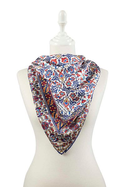 Bursa İpek Navy Blue Mustard Turkish Motif Tile Pattern Silky Scarf