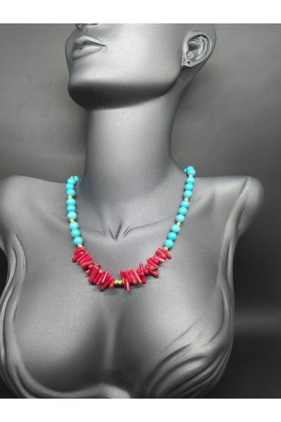 LUCK Turquoise Turquoise Natural Stone, Red Coral Natural Stone Necklace