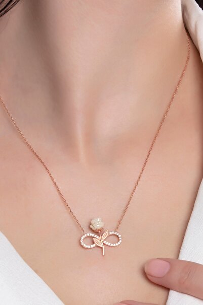 Bilsen Store 925 Ayar Gümüş Zincirli Rose Kaplama Zirkon Taşlı Beyaz Gül Sonsuzluk Model Kolye