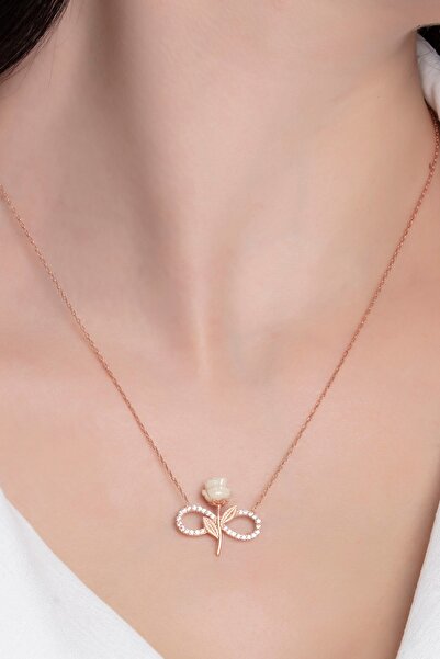 Bilsen Store 925 Ayar Gümüş Zincirli Rose Kaplama Zirkon Taşlı Beyaz Gül Sonsuzluk Model Kolye