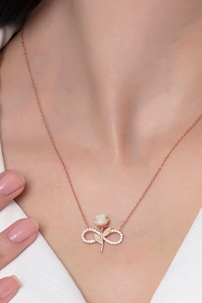 Bilsen Store 925 Ayar Gümüş Zincirli Rose Kaplama Zirkon Taşlı Beyaz Gül Sonsuzluk Model Kolye