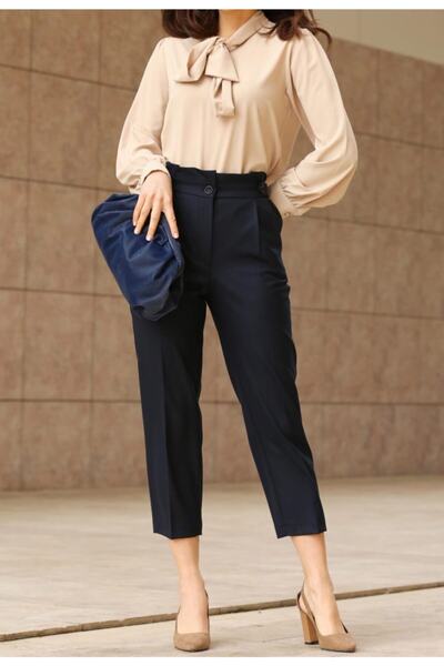 ZARAZA Women's Navy Blue High Waist Epaulet Trousers