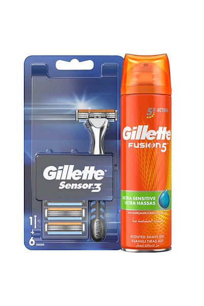 Gillette Sensor3 Shaver + Spare Razor 6 Pack Ultra Sensitive Shaving Gel 200 ml