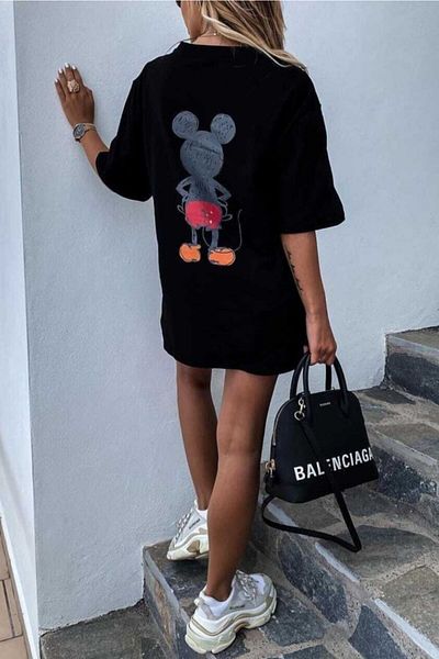 MODAGEN Mickey Mouse Printed Black Oversize Women's T-Shirt