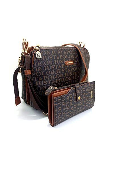Just Polo مجموعة محفظة نسائية باللون البني الداكن