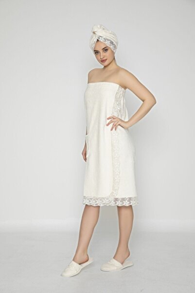 Nuşa Жіночий кремовий мереживний бамбуковий бавовняний халат для сауни, набір...