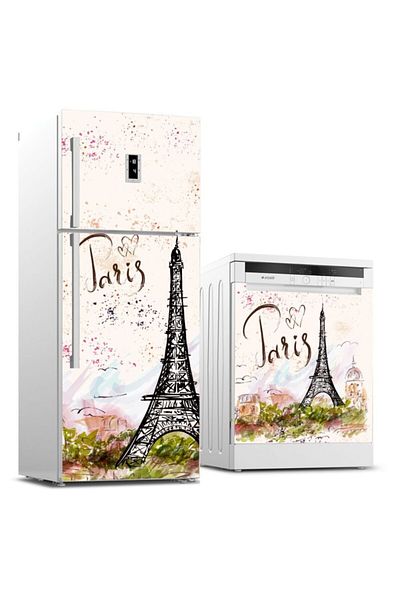 Tilki Dünyası Paris Patterned Refrigerator and Dishwasher Set Sticker 0030