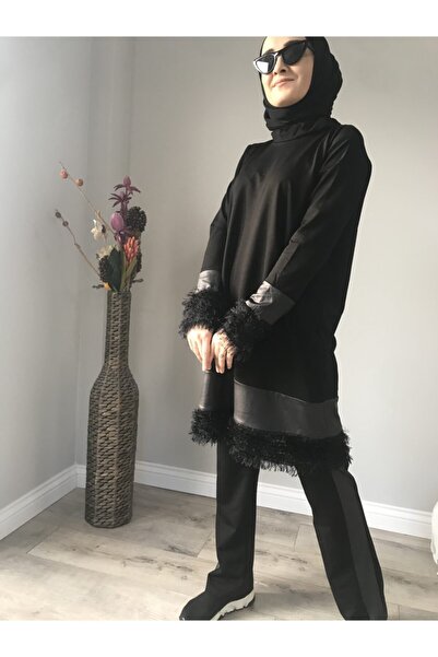 AYSUN AYDEMİR Black Tracksuit Set with Leather and Feather Detail