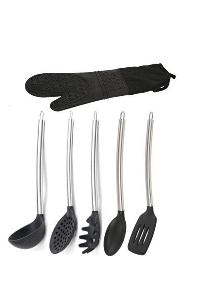 Epinox Siyah Silikon Kaşık Spatula Kepçe Spagetti Kaşığı Kevgir. Eldiven Mutf...