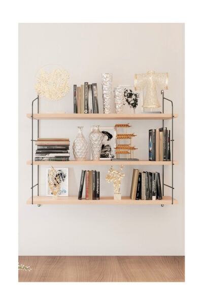 Bino Masif Doğal Ahşap Büyük Boy 3 Katlı Duvar Rafı, Kitaplık, Terek