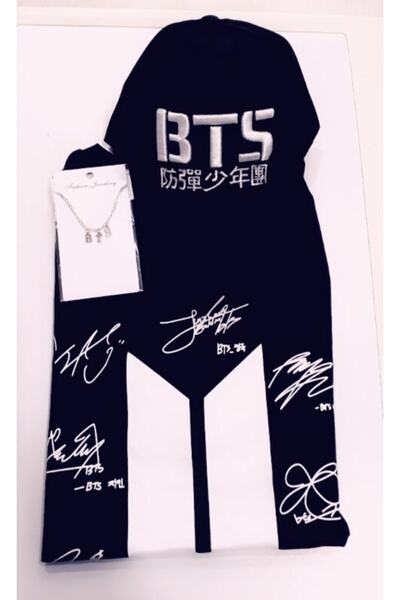 GC GÖKHAN CLUB Tricou cu semnătură Bts negru unisex Colier Bts Pălărie Bts Combinație de 3 piese