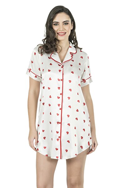 Fabienne Kalpli Saten Beyaz Kırmızı Gecelik Short Kısa Pijama Takım Set