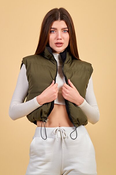 ladyzey Γυναικείο Χακί Μαύρο Κοντό φανελάκι διπλής όψης με δυνατότητα συρρίκνωσης