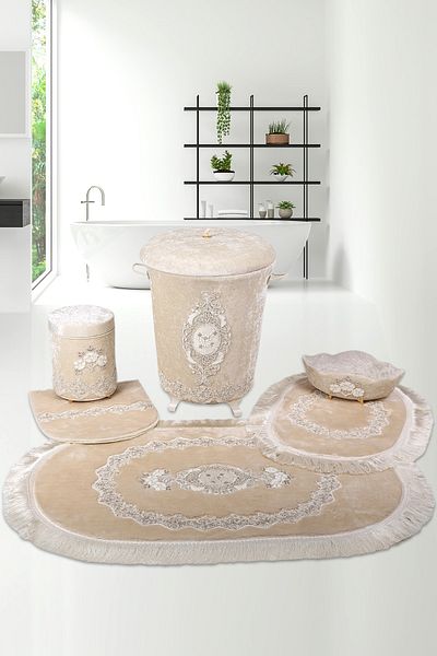 Bonny Home Set coș de rufe murdar și covoraș de baie din dantelă de nurcă 6 piese