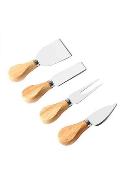 KRD Home Bambu Saplı 4 Parça Peynir Bıçağı Pizza Bıçağı Seti Ahşap Saplı Peyn...