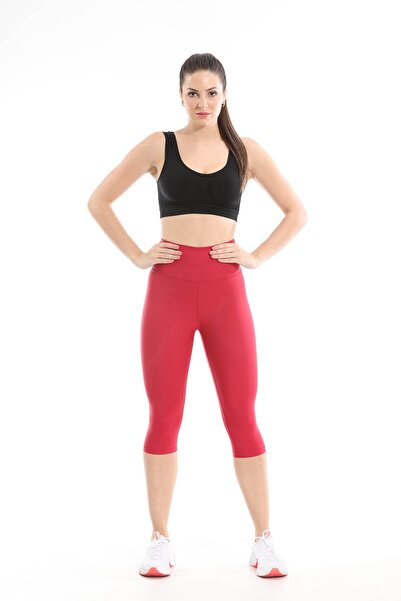 LIWITS Yüksek Bel Toparlayıcı Lazer Kesim Kırmızı Diz Altı Tayt & Elastik Kumaş Likralı