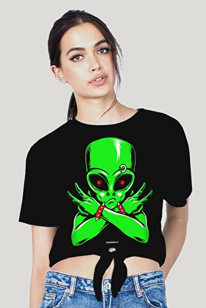 ROCKANDROLL Tricou negru de damă Alien Rocker Crop Top Tied