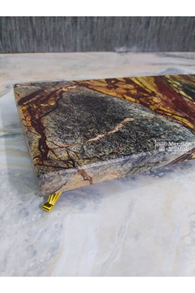 MR MERMER MUTFAK Rain Forest Green Mermer Sunum & Servis Tabağı - Altın Ayaklı (15X30CM)