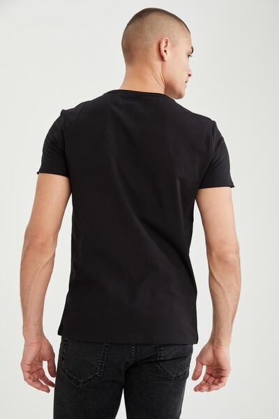 DeFacto Ανδρικό μπλουζάκι από βαμβακερό μαύρο φυσικό εμπριμέ με λαιμόκοψη